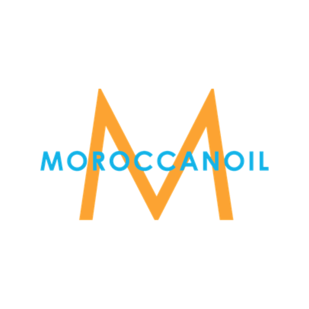 Moroccanoil logo with a large orange 'M' and blue text below.